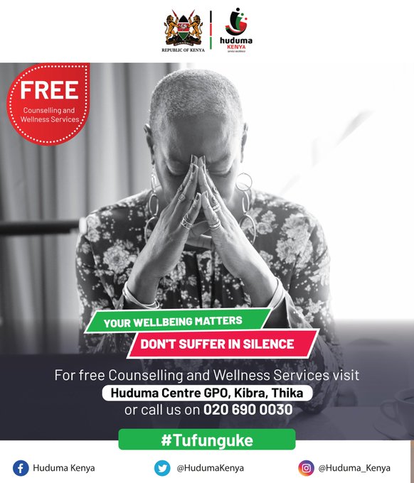 IT'S OK TO ASK FOR HELP Our tele-counselling line is open from 7am to 7pm daily where you can talk to our trained and professional call us on 020 690 0030 counsellors for free. We also have free counseling services at Huduma Centre GPO, Kibra & Thika.