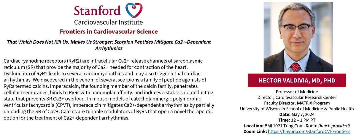 Please join @StanfordCVI on Tue 5/7 at 12-1 pm PST by @HHValdivia @UWMadison @UWCVRC speak on #cardiac #arrhythmia #ryanodine receptor #CPVT

tinyurl.com/StanfordCVI-Fr…
@StanfordDeptMed @Stanford_ChEMH
@SeanM_Wu @BCVSearlyCareer @vascularbiology 
@ATVBCouncil @HRSonline @AHAScience