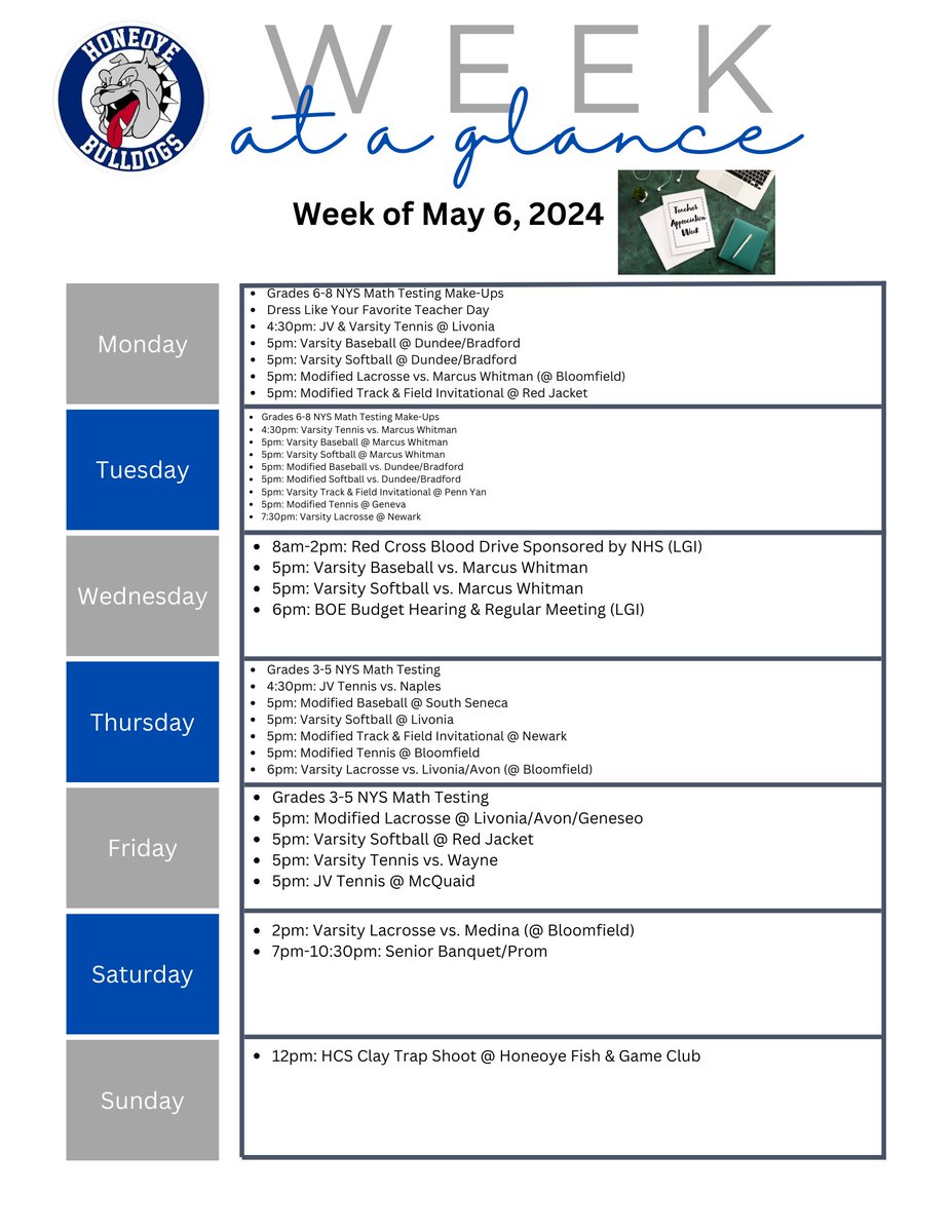 👀 what's going on this week at HCS. Most updated info can always be found at honeoye.org. #HoneoyeProud 🐾🔵⚪️