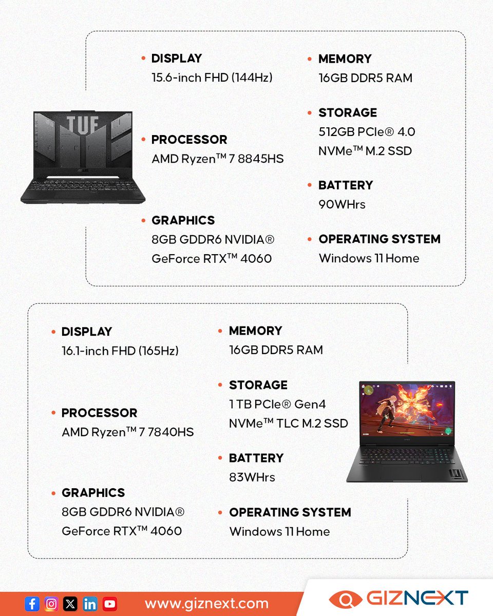 Gaming Titans Collide: ASUS TUF A15 vs. HP OMEN 16! 💻 Pick Your Side. 🧐 . . . #ASUSIndia #HP #laptop #gadgets #giznext