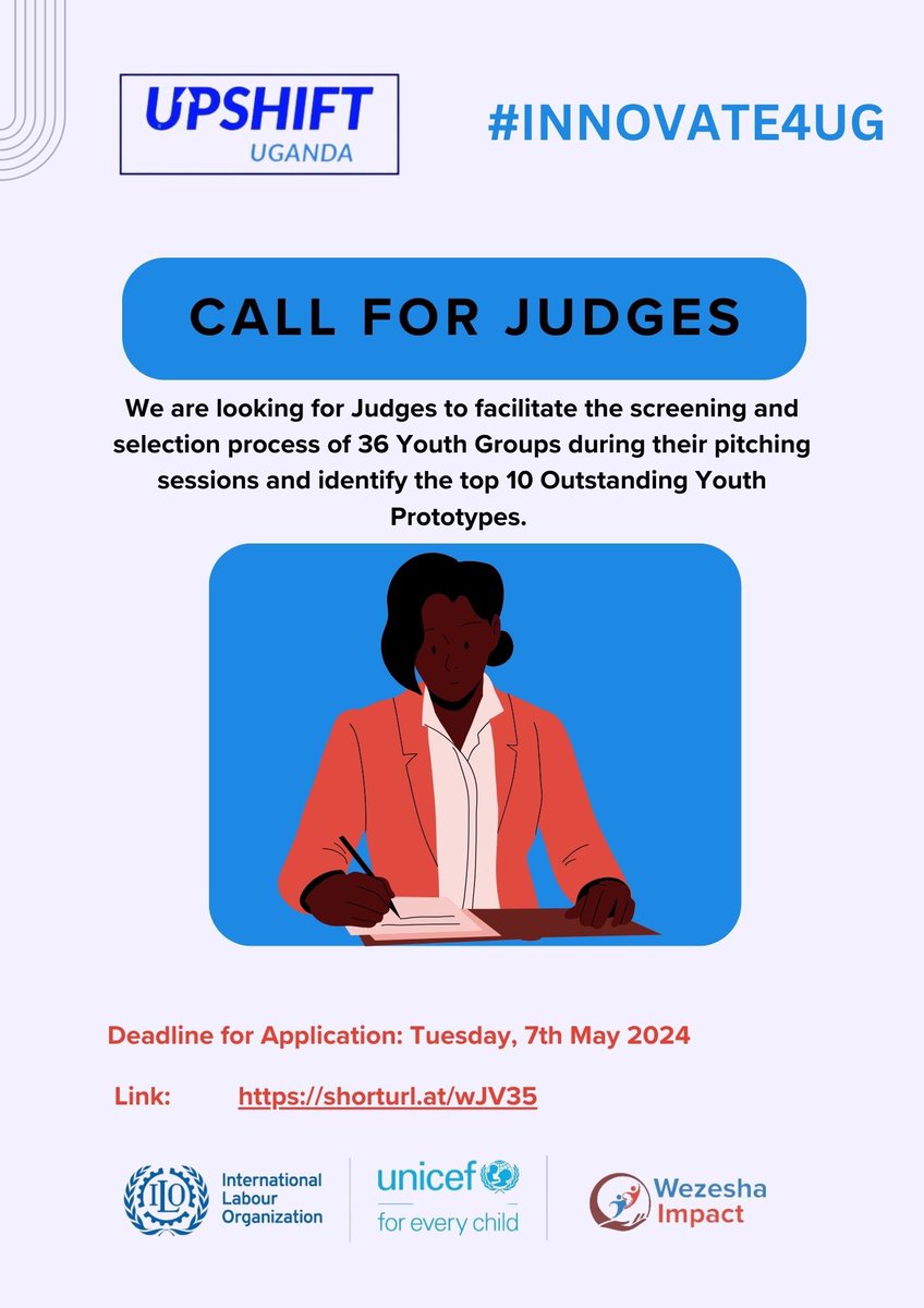 CALL FOR JUDGES! We are looking for Judges to facilitate the screening and selection process of 36 Youth Groups prototypes. Send your Application letter and CV to contact@wezeshaimpact.org Click👉🏽 wezeshaimpact.org/jobs Deadline for Application: Tuesday 7th May 2024