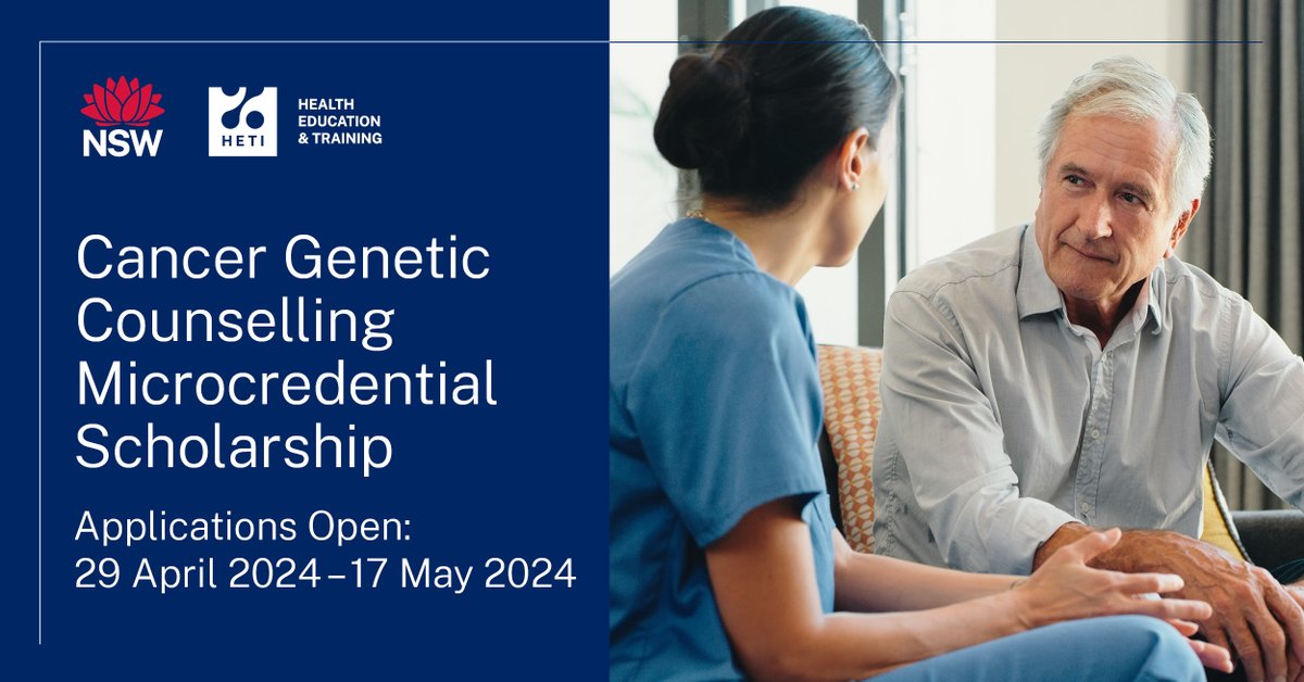 If you are a @NSWHealth clinical health professional looking to improve your cancer genetics practice, apply for a HETI @CGE_HETI scholarship to undertake the @UTS_Health Cancer Genetic Counselling microcredential short course. EOI by 17 May 2024.  heti.nsw.gov.au/Placements-Sch…