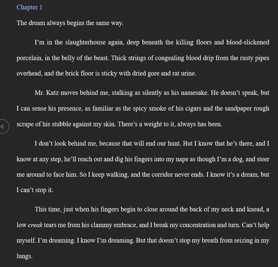 Normally I don't like starting my books off with dreams, but I feel like this is the best opening I've come up with yet for the TCB sequel, since the sequel explores trauma the way that TCB explored grief. (But by utilizing another creature from Jewish folklore.)
