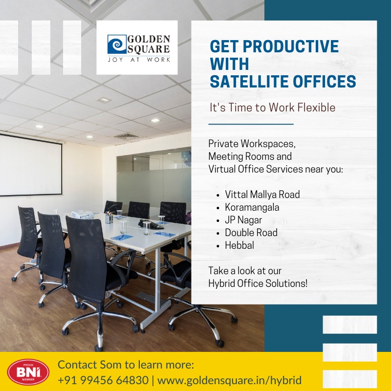 Work Smart, Work Flexible
with our Hybrid Office solution.
Have a main branch office, but use satellite offices for meeting rooms and private spaces.

bit.ly/451ddgH 

#WorkplaceFlexibility #DedicatedOffice #CustomizableWorkspace #BNI #MeetingRooms #GoldenSquare