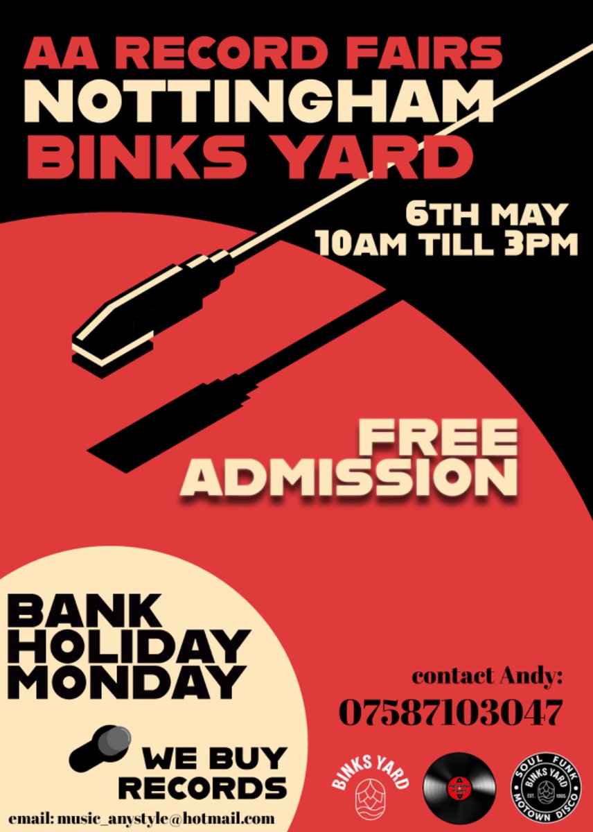 Today!  BINKS YARD our new venue in the centre of NOTTINGHAM, NG2 3JL.  
Bank Holiday Monday, 06.05.24. we have our first pop-up record fair in this great space.  A 'live' DJ, on the stage, playing records all day.
 10am-3pm.
The Island Quarter
1 The Great Northern Close
Notts.