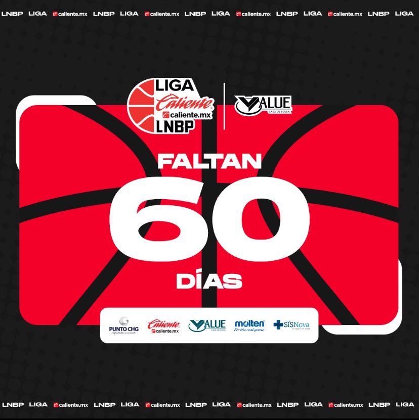 FALTAN SOLO 60 DÍAS PARA 
 Liga Caliente.mx LNBP 🔥 🏀
#Temporada2024 

#JuntosHaciendoHistoria #MásAcciónMásDiversión #ApuestaEnCaliente

@lnbpoficial @moltenmex @calientesports @sisnovamx @puntochg @valuegf