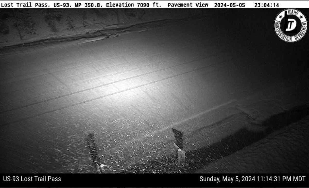 (5/5 11:19 pm MDT) This is the current conditions on Lost Trail Pass, US-93. Expect snow levels to slowly lower this morning to around 6000 feet by 6am MDT. The morning commute could be slow on area passes such as MacDonald, Homestake, Lost Trail, Williams, and Gilmore Summit.