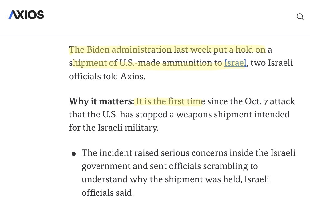 Pressuring Biden has resulted in a military shipment to the Israeli regime being put on hold for the first time, just like we always said he could do. We must keep up the pressure until they're all stopped for good.