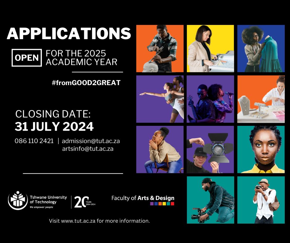 Hey TUT Fam! Calling all aspiring artists and designers. Your journey starts here. Applications for TUT’s Faculty of Arts & Design are now open. Unleash your creativity, explore new techniques, and push the boundaries of your imagination. #CreateWithUs #ApplyNow