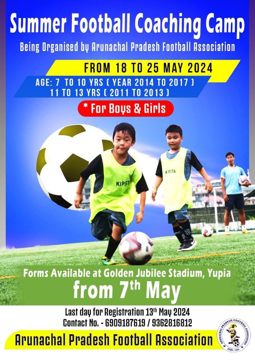 Arunachal Pradesh football Association is going to conduct a Summer Football Coaching camp for the age categories of 7-13 years for both boys and girls.

Summer football camp organised by APFA is annually organised short duration training program for emerging players in our