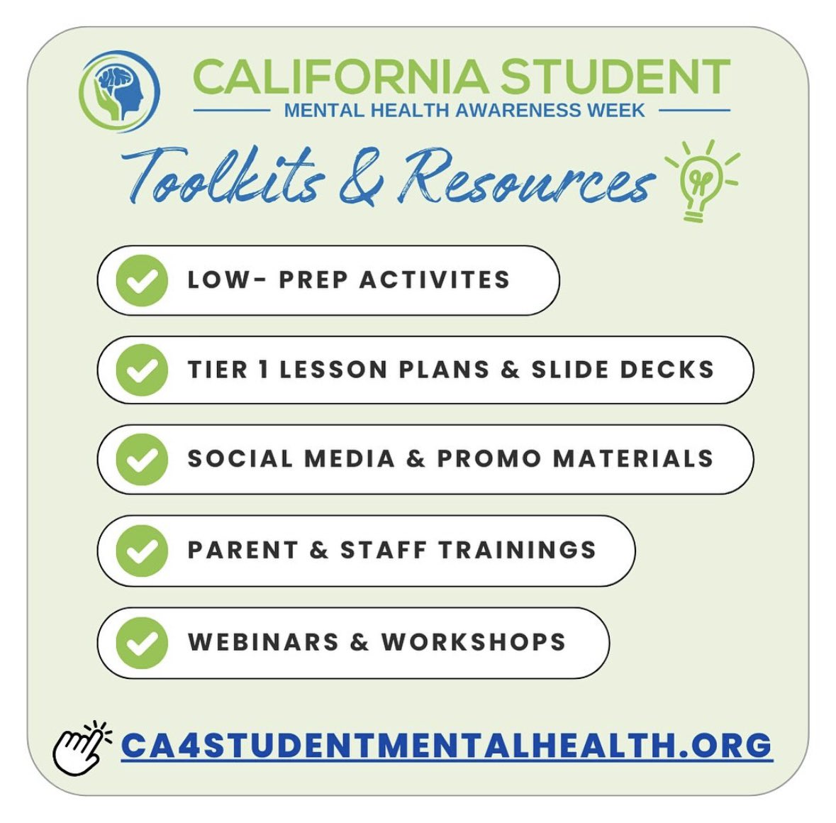 Don’t forget to download the toolkits and resources as you prepare for Student Mental Health Awareness Week! They can be found on our new website ca4studentmentalhealth.org linked in our bio!! #ca4studentmentalhealth