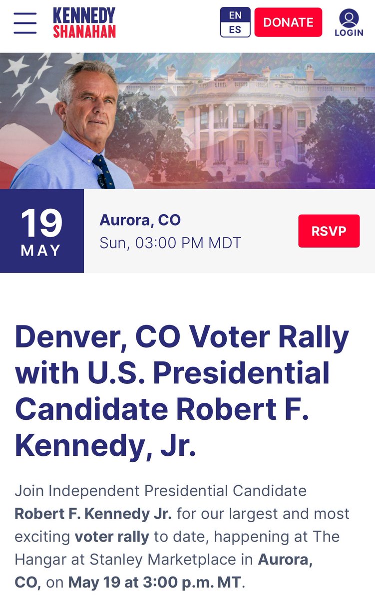 May 19th - Denver, CO Voter Rally with US Presidential Candidate Robert F. Kennedy, Jr. 
Aurora, CO. Sun, 03:00 PM MDT
#KennedyShanahan24 
(See attached post for link to RSVP)