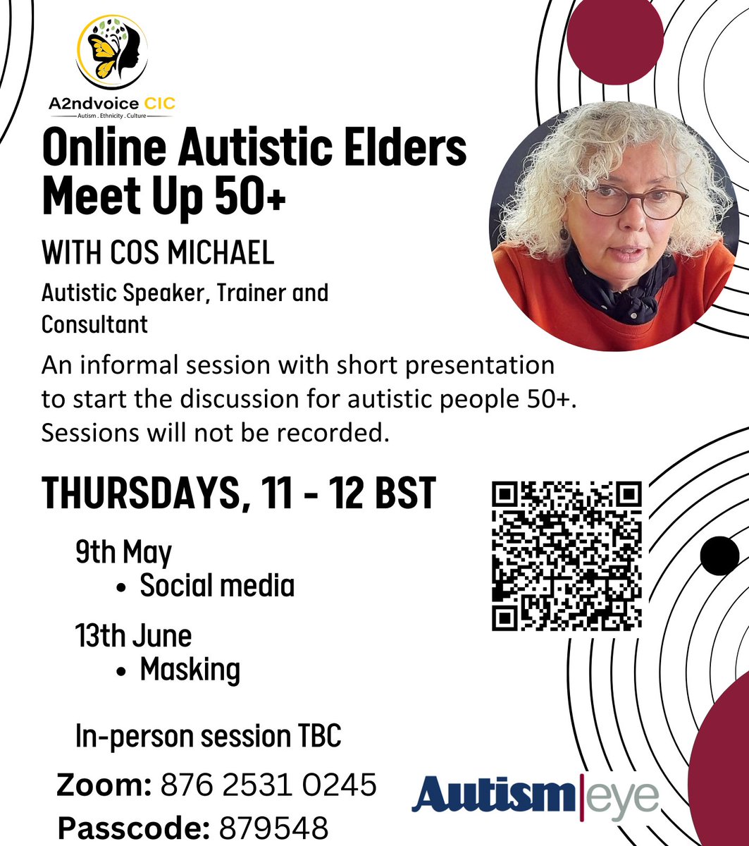 Online Autistic Elders Meet Up 50+ with Cos Michael This Thursday 9 May Topic: Autism and Social Media Mini presentation to open discussion. Session is not recorded. us06web.zoom.us/meeting/regist… #AutisticElderly #Elderly #Autism