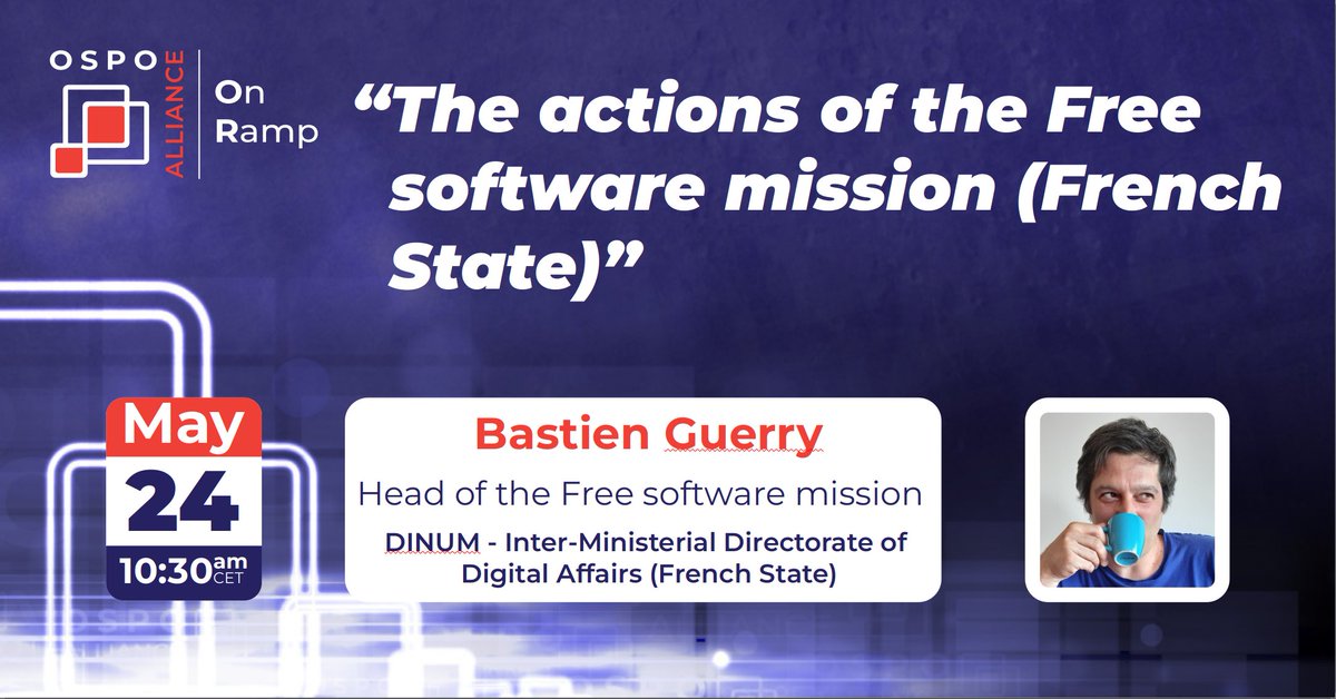 🚀 Join our next #OSPO OnRamp event featuring Bastien Guerry, who leads the #FreeSoftware Mission at France's @_DINUM

🗓️ May 24, 2024 — 10:30-12:00 CEST
📍ospo.zone/onramp/

Discover the three-fold strategy to enhance free software use in the French government