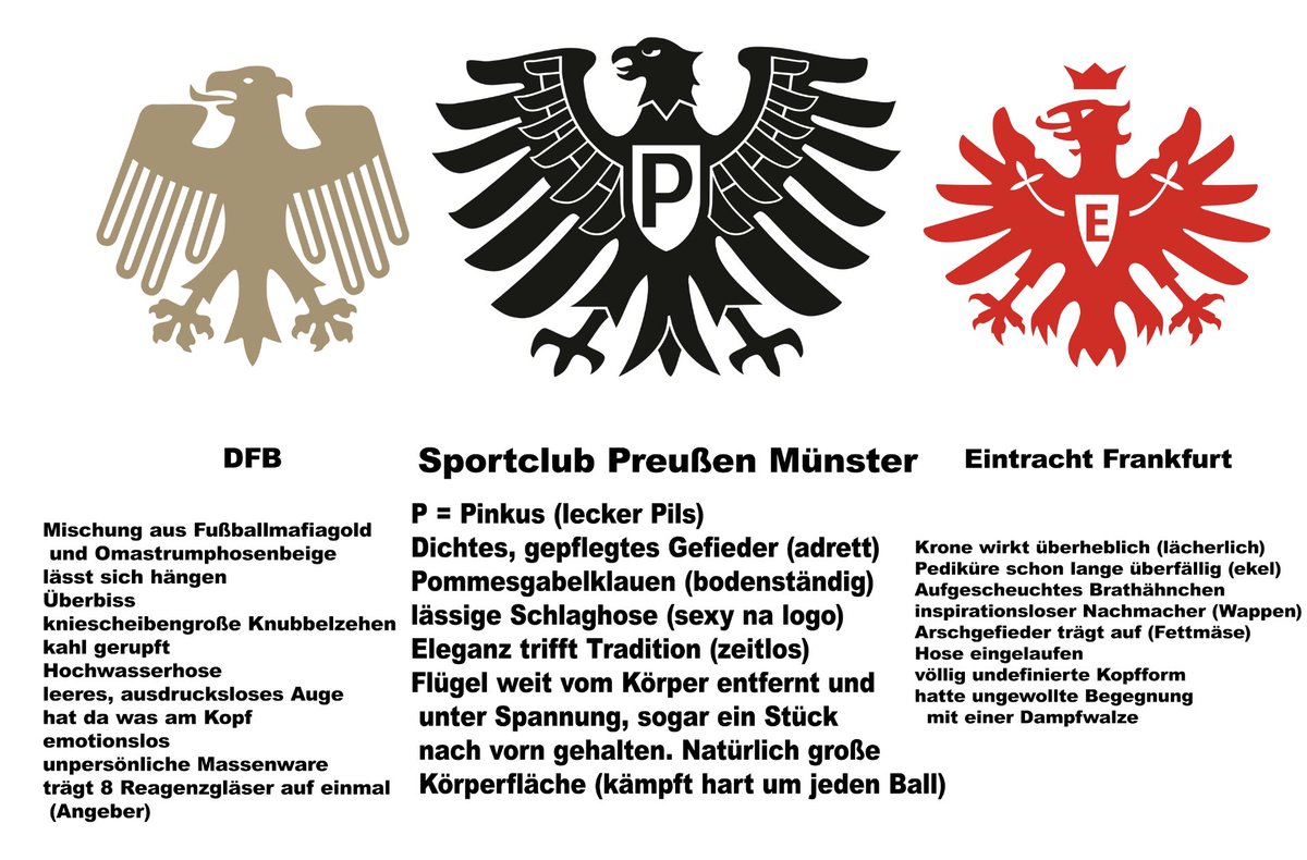 Einmal für Euch: die Adler im Vergleich
(mit der Bitte um Ergänzungen)
#dfb #PreußenMünster #EintrachtFrankfurt