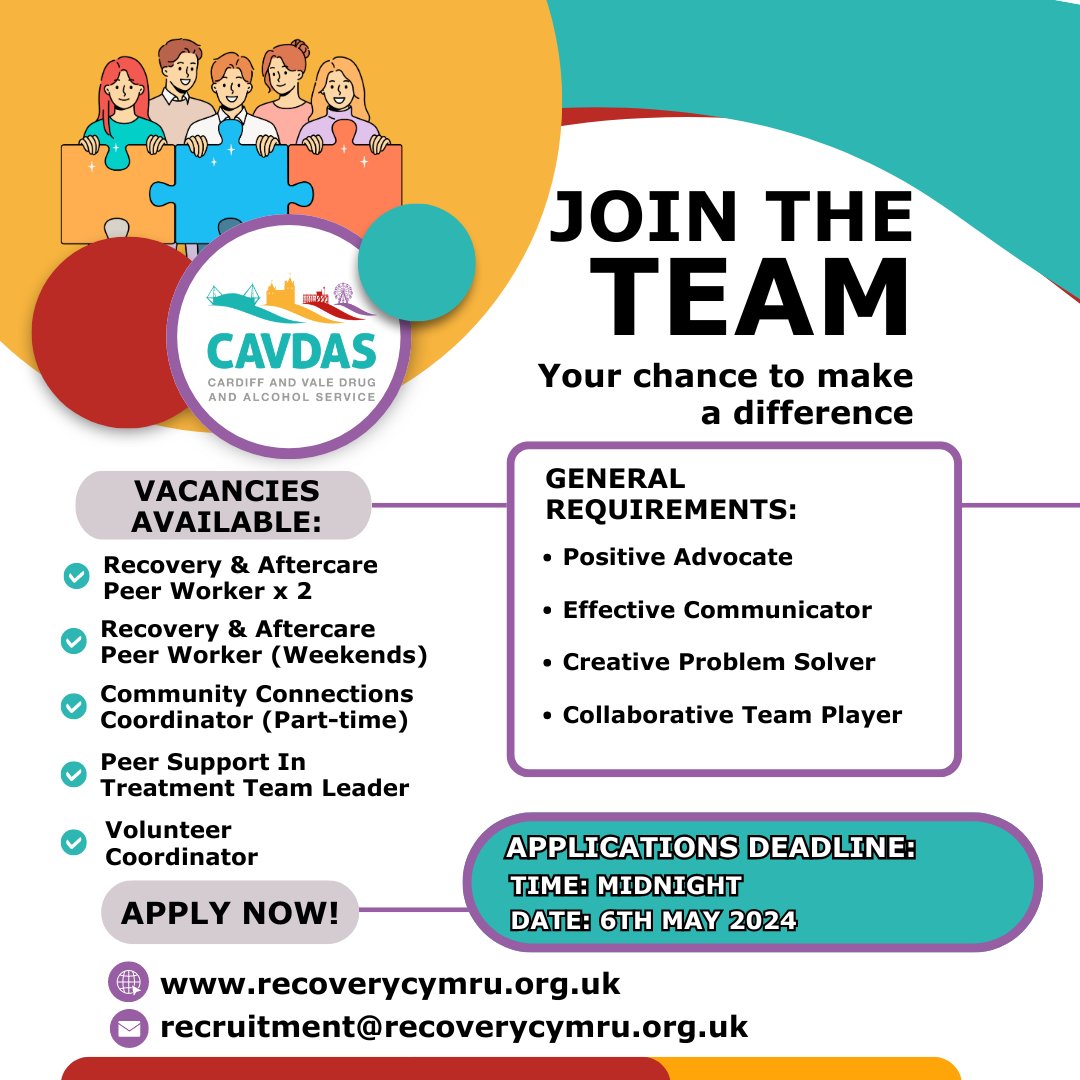 Are you a great communicator, a creative thinker, and enjoy working collaboratively? CLOSING TODAY!! Details and application: recoverycymru.org.uk/cavdasvacancie…… #CAVDAS #JobOpportunity #CommunitySupport