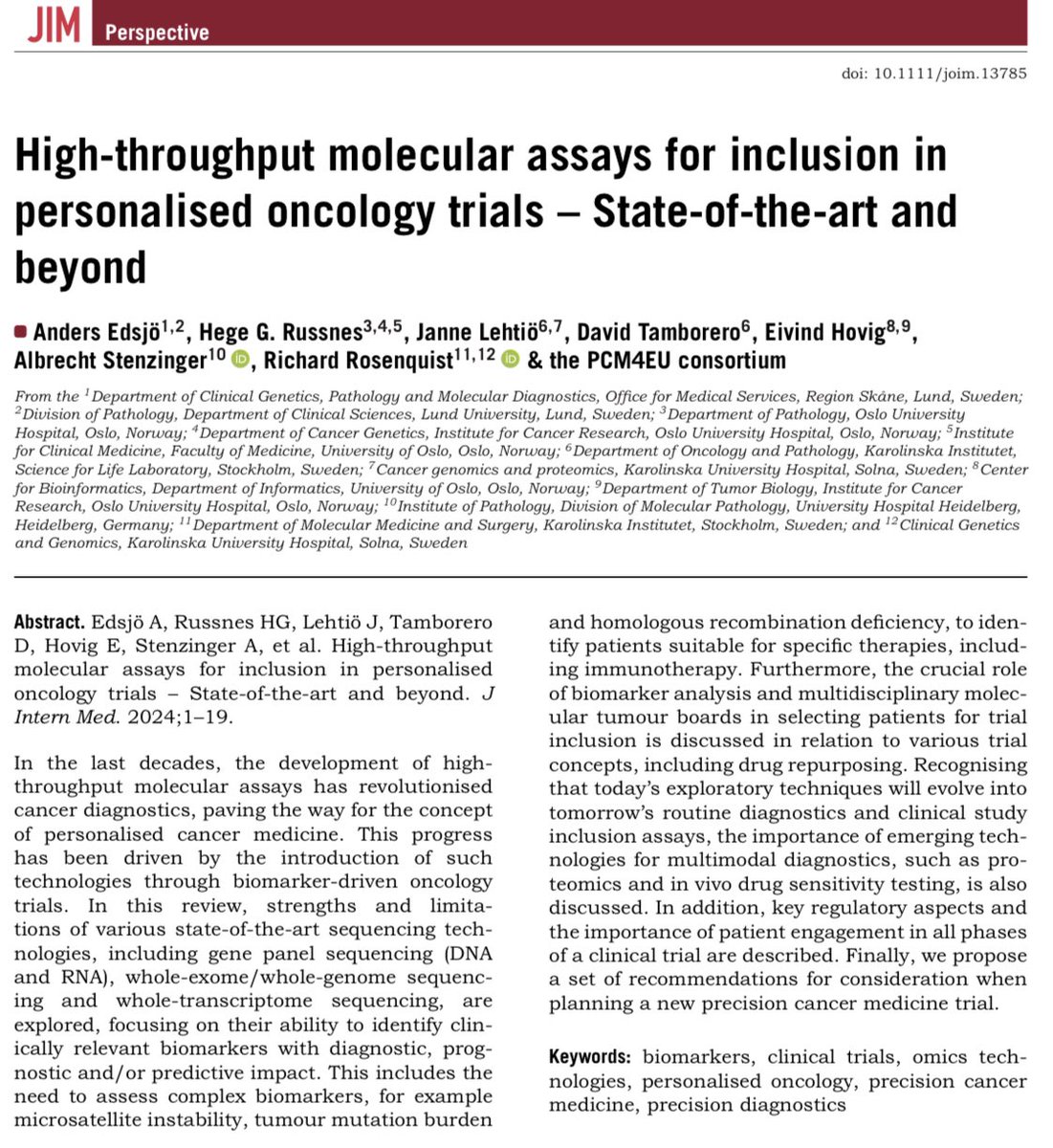 PCM4EU’s white paper on molecular assays and molecular tumor boards for trial inclusion has been published in Journal of Internal Medicine👏 - many congratulations:
matrix-fkb.no/en/pcm4eu-news…
