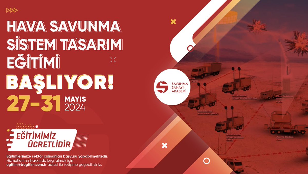 📢Hava Savunma Sistem Tasarım Eğitimi başlıyor! 🗓️27-31 Mayıs 2024 Bilgi almak ve kayıt oluşturmak için ➡️ egitim@tregitim.com.tr #SavunmaSanayiiAkademi #eğitim