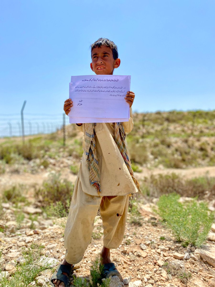 Picture of a Baloch boy from Koh e Suleman Balochistan. 
A very innocent demand from a Baloch child in Aafi Band, Koh e Suleman where he demands from the Dewan Oil and Gas Company of “ Establishing of schools for the local children and providing them scholarships.” 
The companies…
