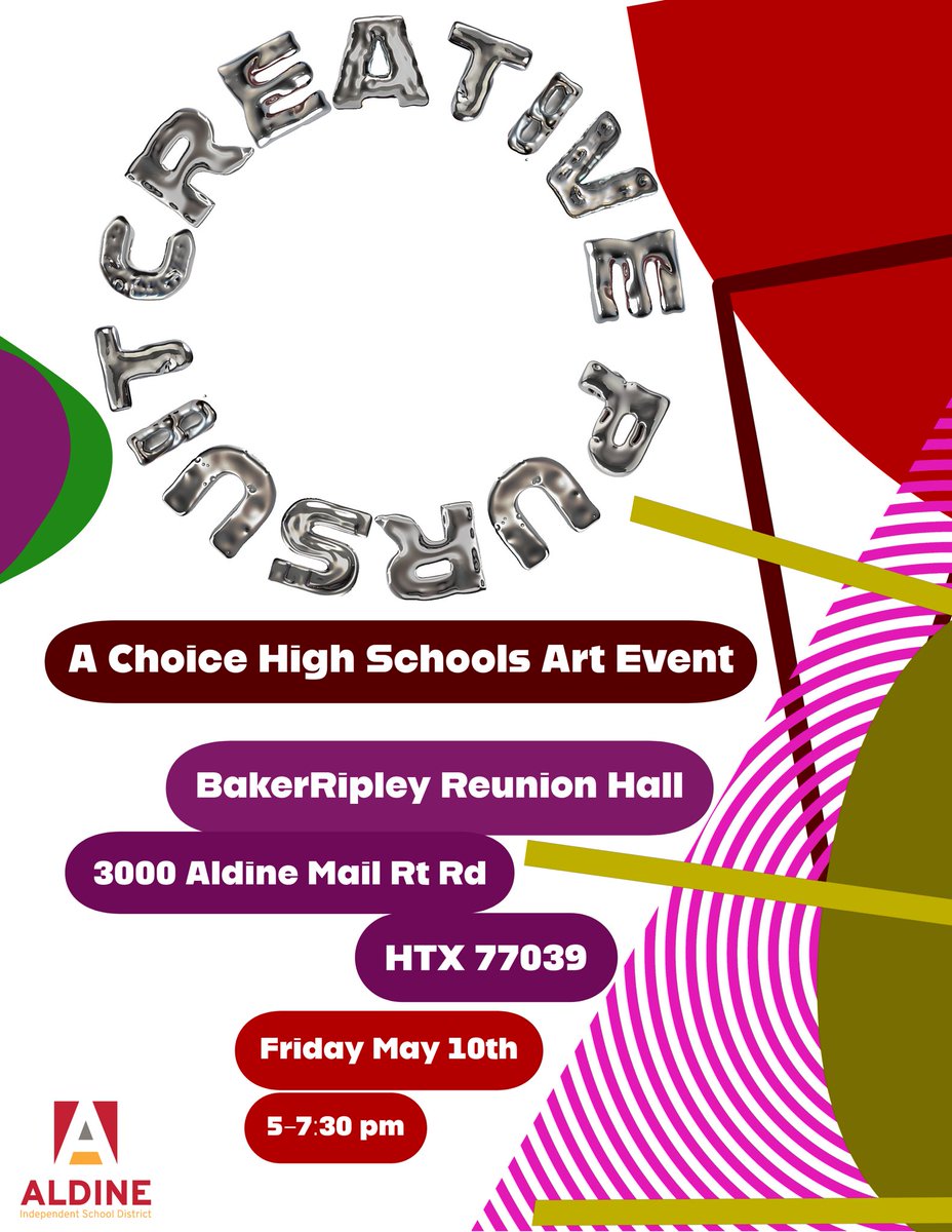 Ms. Koch (@mskochart) on Twitter photo It’s time!!!! Come out to our 2nd annual Choice HS Art Show “Creative Pursuit,” this Friday May 10th from 5-7:30pm at Baker Ripley Reunion Hall. Over 200 works of art on view from <a href="/AldineISD/">Aldine ISD</a> Choice High Schools, interactive activities&more 🤠 see you there! It’s time!!!! Come out to our 2nd annual Choice HS Art Show “Creative Pursuit,” this Friday May 10th from 5-7:30pm at Baker Ripley Reunion Hall. Over 200 works of art on view from <a href="/AldineISD/">Aldine ISD</a> Choice High Schools, interactive activities&more 🤠 see you there!