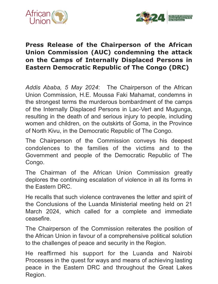 Press Release of the Chairperson of the African Union Commission @AUC_MoussaFaki condemning the attack on the Camps of Internally Displaced Persons in Eastern Democratic Republic of The Congo #DRC au.int/en/pressreleas…