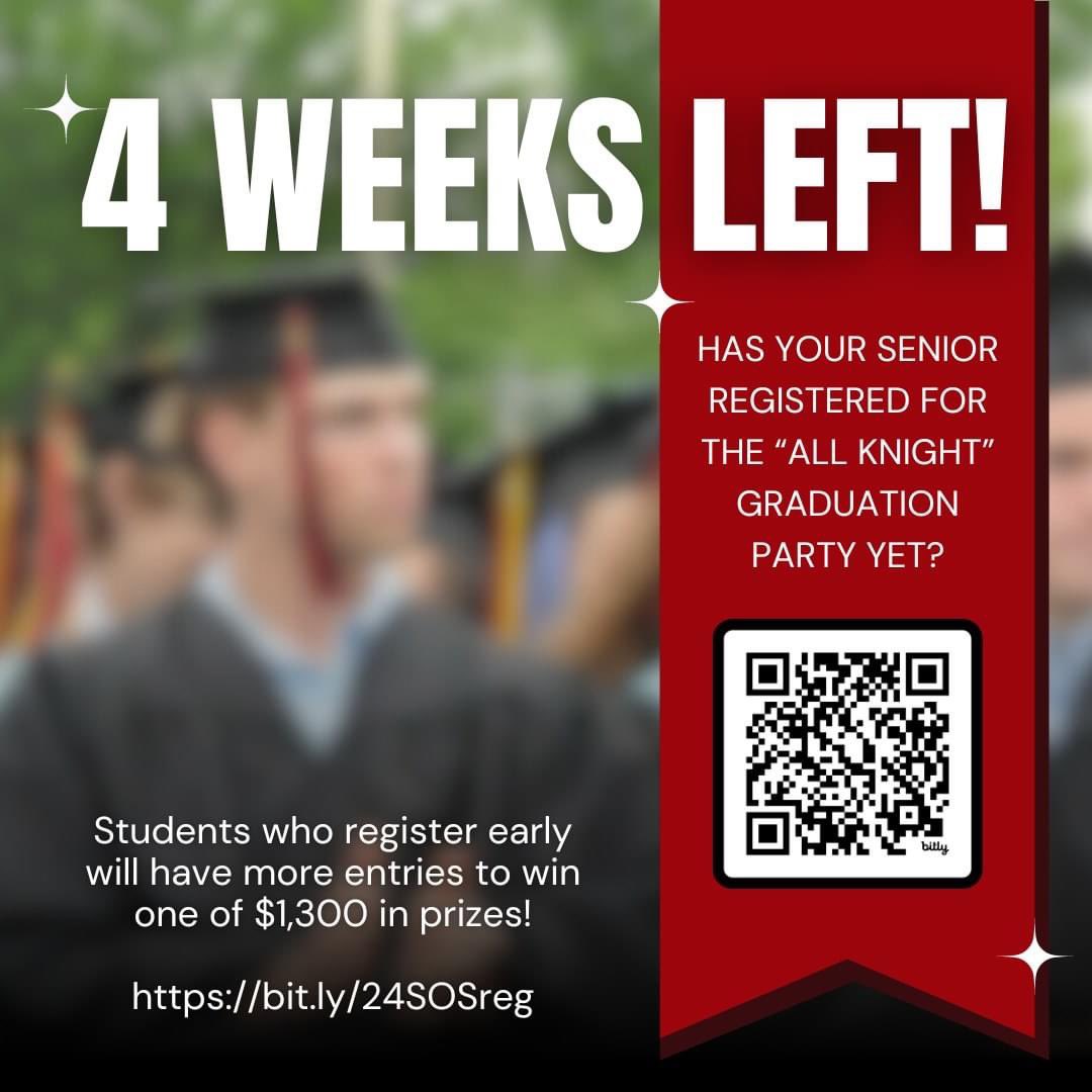SOSNAHS's tweet image. Encourage your senior(s) to register for their “All-Knight” Graduation Party sponsored by SOS! Students who register early will have more entries to win one of $1300 in prizes! Register here: bit.ly/24SOSreg