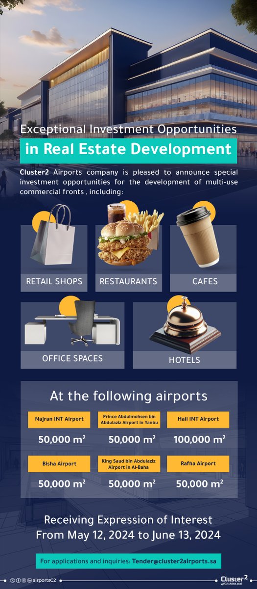 airportsC2's tweet image. #Cluster2 Airport Company is excited to announce the opening of a competitive and general bidding process for investment opportunities in our multi-use commercial fronts project, (Plaza).

This project aims to transform undeveloped land (white land), into a vibrant complex…