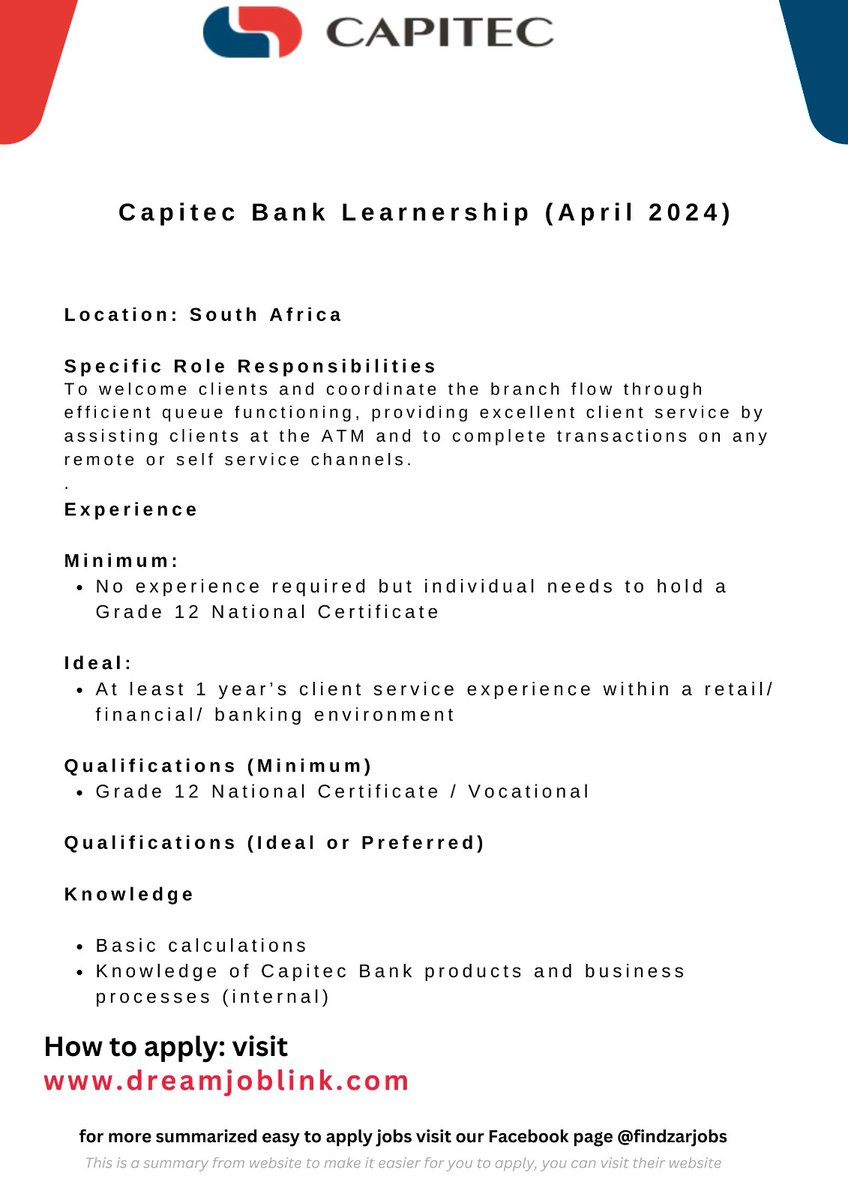 🔌(NEW) Capitec Bank Learnership (April 2024)

South Africa

Requirements:

Grade 12

For more details and how to apply, Click the link below and go to “All jobs”

✍ APPLY HERE dreamjoblink.com