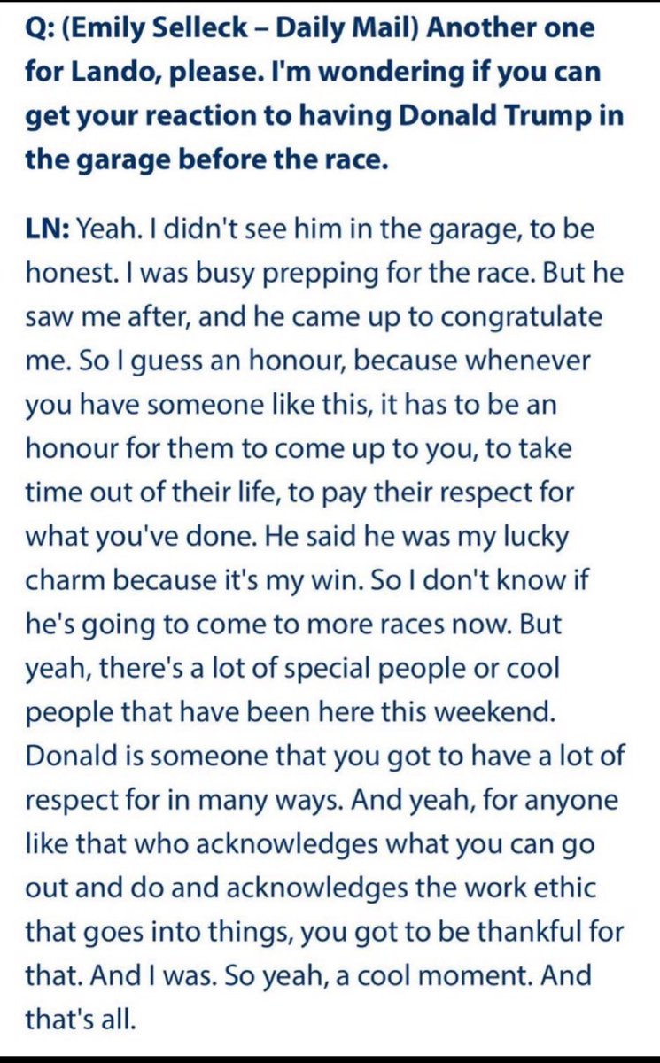 Drivers can’t voice political views so I get being respectful but praising trump, saying “Donald is someone that you got to have a lot of respect for in many ways” is sick. In what ways? When he had affairs? When he was accused of r4pe? Or when he said: “Grab ’em by the p4ssy” ?