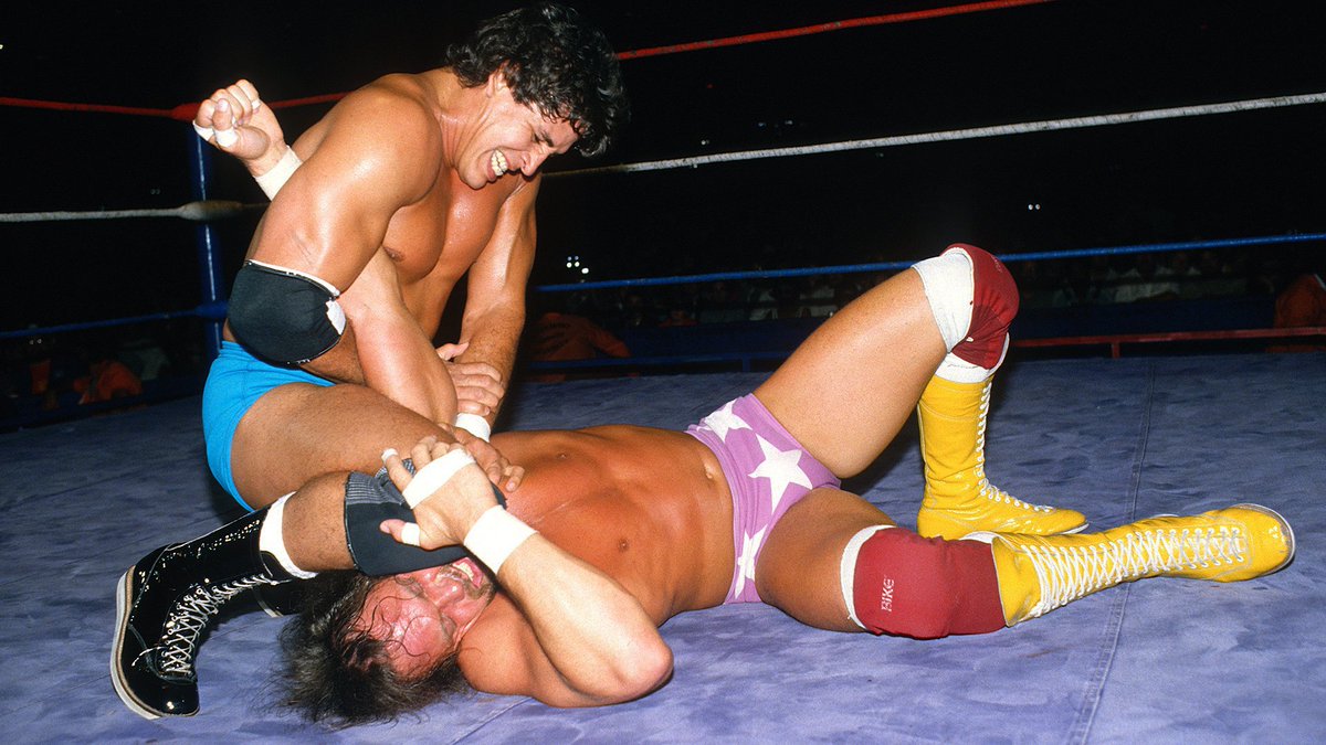 📷 A great close-up in-ring image capturing Tito Santana battling 'Macho Man' Randy Savage in 1985. #WWF #WWE #Wrestling #RandySavage #TitoSantana