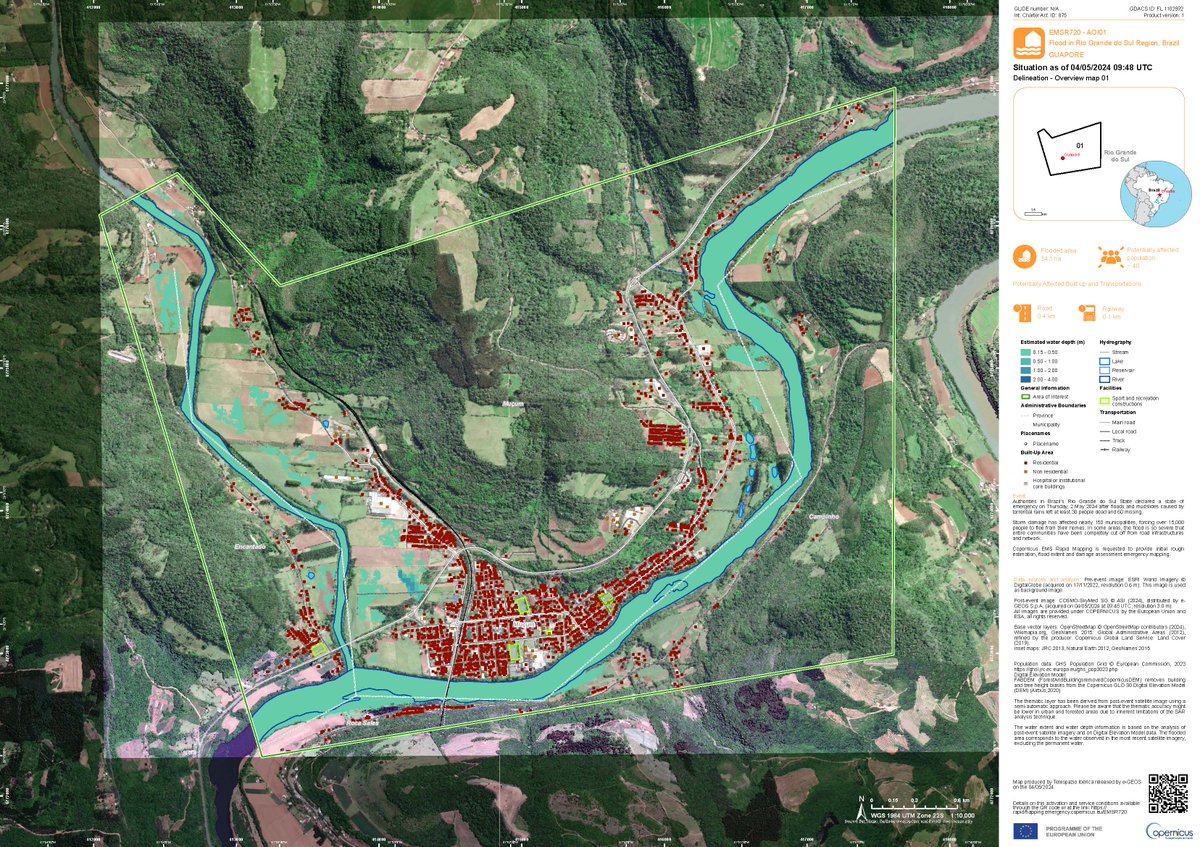 📍 Following floods in #RioGrandeDoSul (🇧🇷) @CopernicusEMS produced emergency mapping (EMSR720). #COSMO_SkyMed Second Generation data allowed a post-event assessment related to #Guapore and #SantaTereza areas, by estimating the #flood extent ℹ️ Info here👉🏻rapidmapping.emergency.copernicus.eu/EMSR720