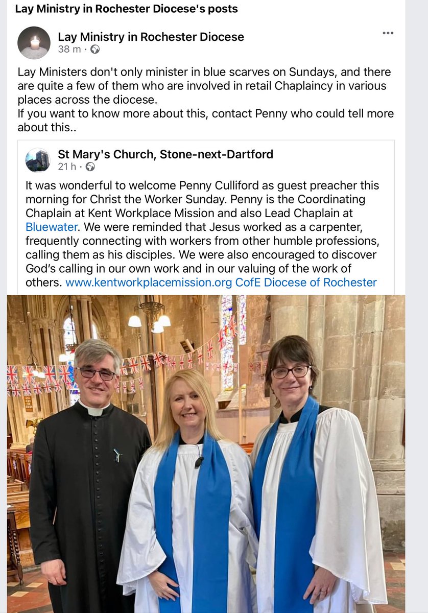 This is a wonderful example of the variety in vocations. Parish priest and Assistant Director of Ordinands, Reader and workplace Chaplain, Licensed Lay Minister. If you are interested in any vocation there is an It’s Your calling Day on Saturday 18 May rochester.anglican.org/events-and-tra…