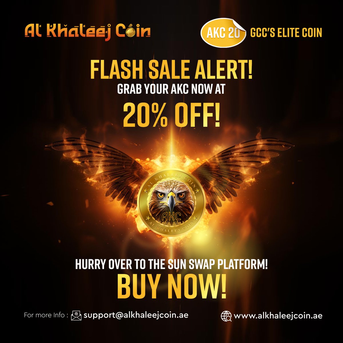 🚀 FLASH SALE ALERT! Grab your AKC now at 20% off! Hurry over to Sun Swap and take advantage of this limited-time offer! BUY NOW! 💼💰 #AKC #FlashSale #SunSwap #alkhaleejcoin #gcccoin #elitecoin