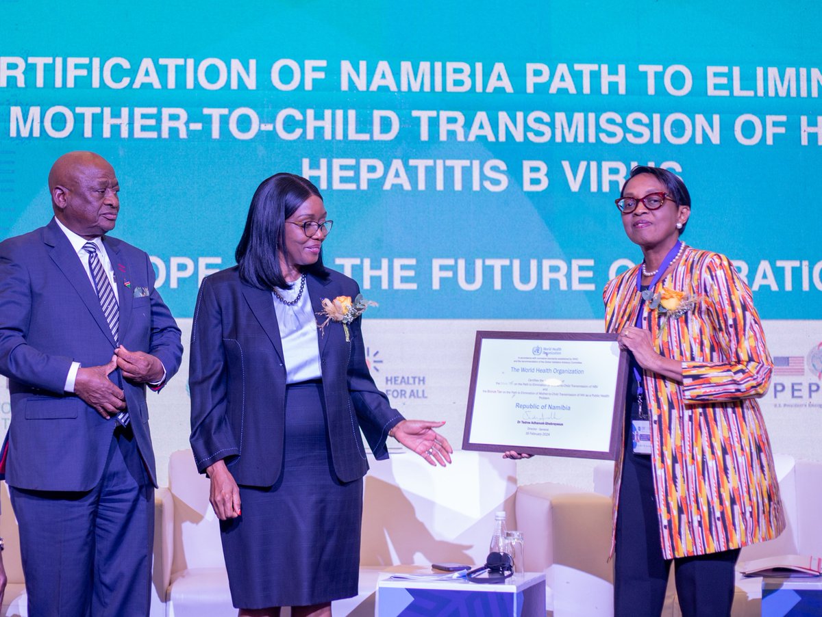 Greatly honoured to present today @WHO certification to Namibia for reaching a major public health milestone in the path to eliminating mother-to-child transmission of HIV and hepatitis B. Huge congrats H.E @DrNangoloMbumba & the people of Namibia for this remarkable progress!