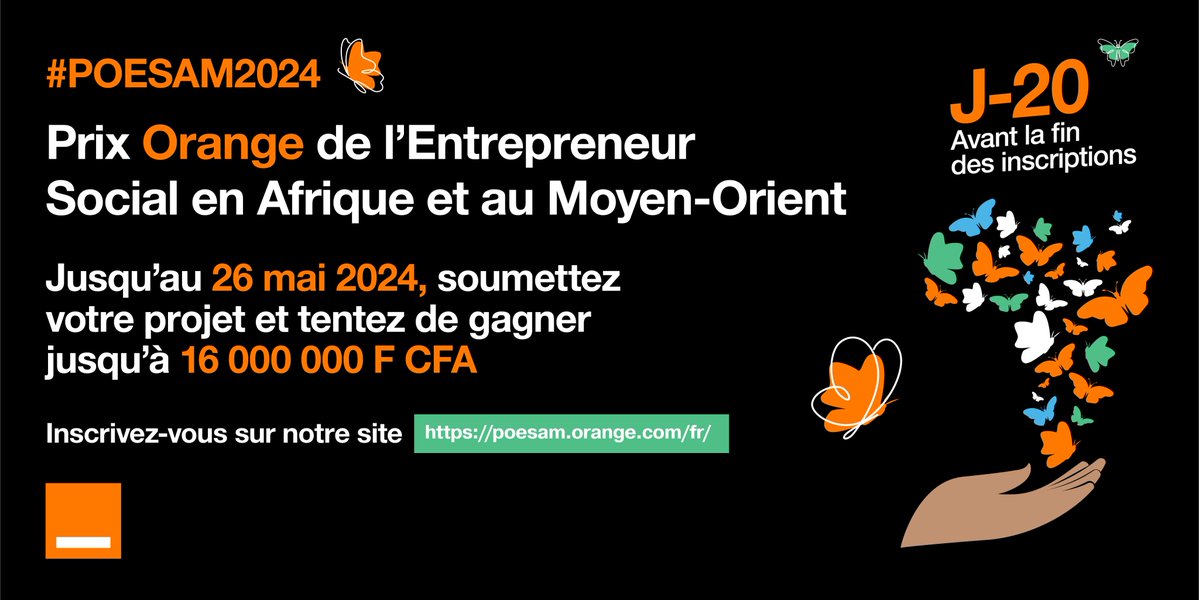 Étudiants, porteurs de projets, startupeurs, le POESAM démarre bientôt ! ⏳📅 J-20 avant le lancement du #POESAM2024, la 14èmeédition du Prix Orange de l’Entrepreneur Social en Afrique et au Moyen-Orient. 👉Soumettez votre dossier de projet à POESAM : poesam.orange.com/fr/…