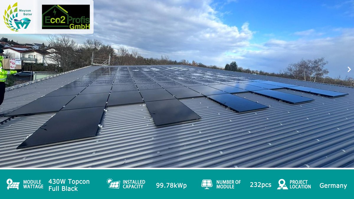 Wir freuen uns, mitzuteilen, dass unser deutscher Kunde,@Eco2Profils GmbH, 232 Stück 430W TOPCon Vollschwarz Solarmodule von Maysun Solar installiert hat, insgesamt 99,78 kWp! Ein weiterer Schritt hin zu einer nachhaltigen Zukunft. maysunsolar.de/topcon-solarmo… #MaysunSolar #TOPCon…