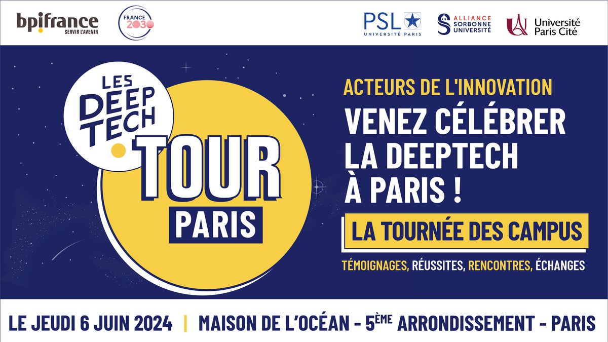 Le #DeeptechTour2024 arrive à Paris ! Le 6 juin prochain, l'@univ_paris_cite accueille le Deeptech Tour à la Maison de l’Océan. @Bpifrance Au programme : témoignages, workshops, rencontres et échanges ! Inscrivez-vous ➡ u-paris.fr/deeptech-tour-…