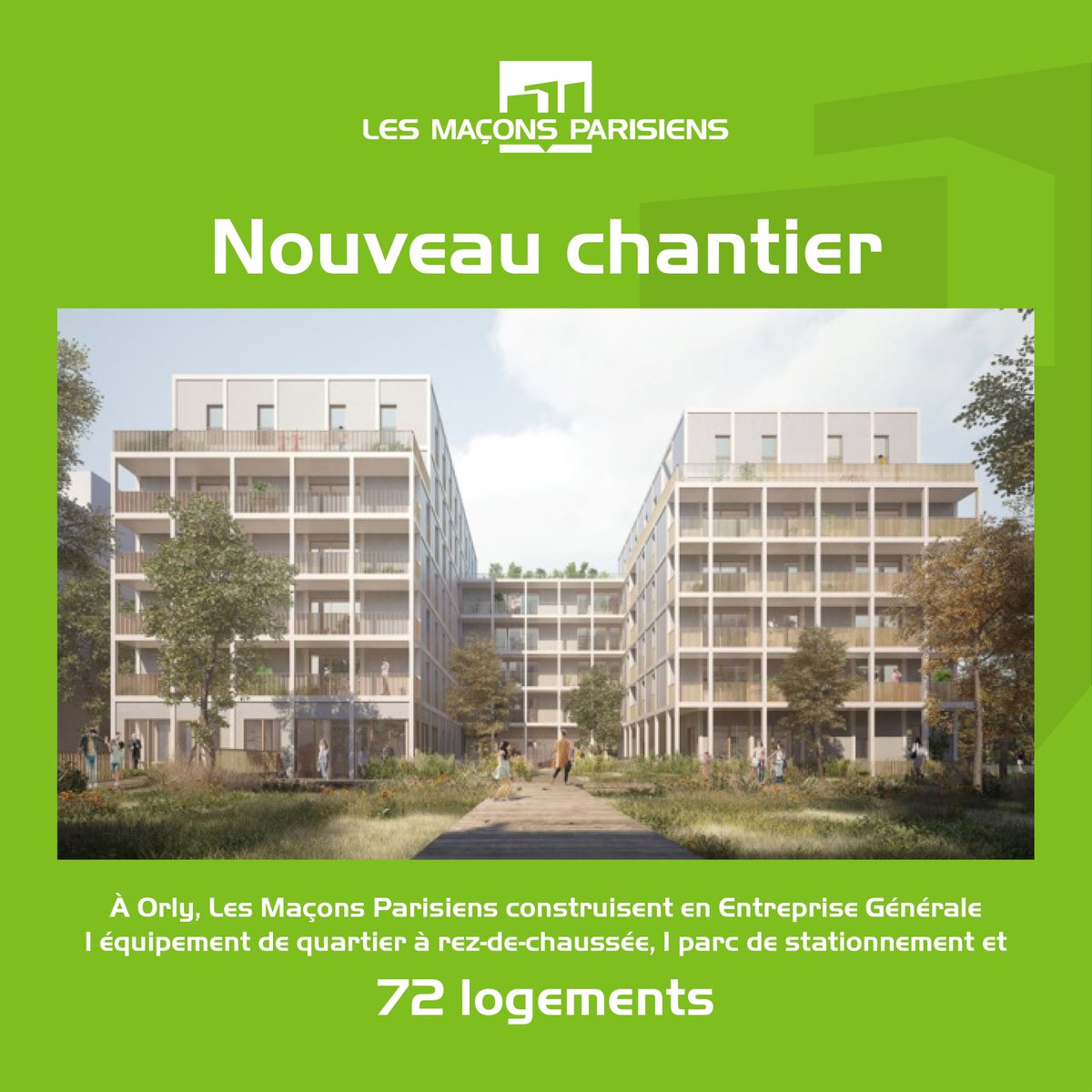 A Orly Les Maçons Parisiens construisent en Entreprise Générale « Insouciance » : 72 logements, un équipement de quartier et un parc de stationnement en sous-sol. buff.ly/4a2anKD Maître d’ouvrage : @Bouygues_Immo, conçu par l'atelier d’architecture Tracks Architectes.