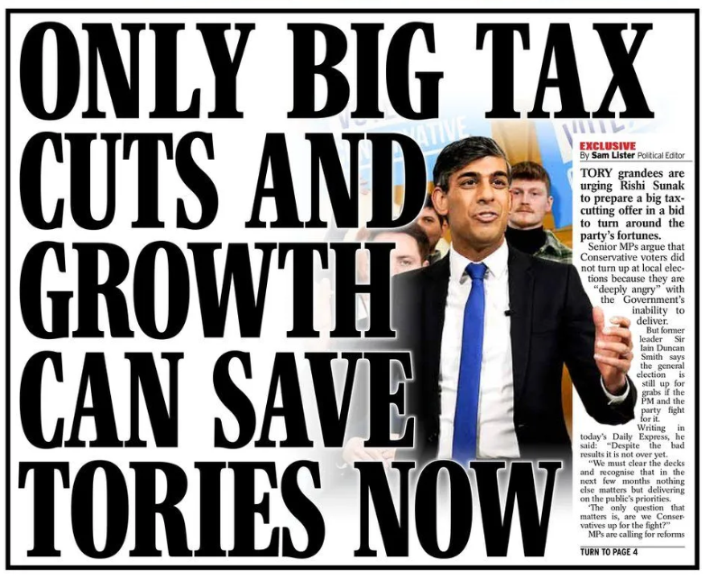 Is that the same big tax cuts that Trussonomics capsized the UK economy with...? Personally, I don't think anything can save the Tories now and the longer they hang on the worse it will be for them at the next General Election.