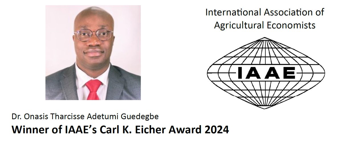 IAAE congratulates Dr. Onasis Tharcisse Adetumi Guedegbe on winning the Carl. K. Eicher Award 2024 for the best agricultural economics dissertation on topics related to African development. @IAAEAgEcon @MSUAFRE @WorldBank @icae2024 More details: icae2024.in/cowbell