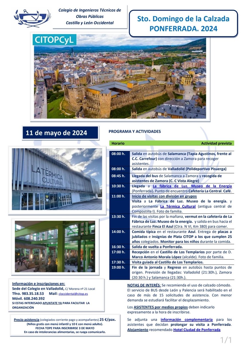 Itujavi's tweet photo. 📢 ¡Atención colegiados CITOPCYL! 🚧🏗Con motivo de la celebración de Santo Domingo de la Calzada, nos reuniremos  el 11/05/2024 en Ponferrada. Ya somos 94!!🗓Por lamañana,@termicacultural  y  
@museo_energia
, descubriendo la innovación y la historia de estas instalaciones. ⚡🏭 https://t.co/nvJNHC12sf