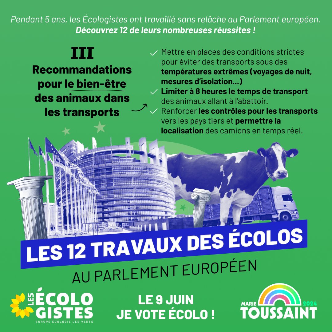 Pendant 5 ans, les eurodéputé·es écologistes ont activement travaillé en faveur d'une Europe plus juste et plus verte. Découvrez les #12TravauxÉcolos !

3⃣ Recommandations le Bien-être des animaux dans les transports  🐄🚛