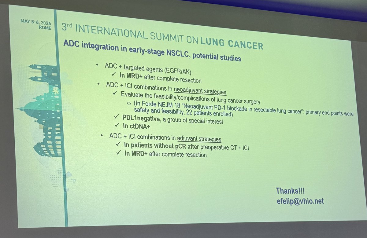 Dr. @EnriquetaFelip discusses the role of ADCs in early stage NSCLC at #RomeLung24 but stresses caution in the curative setting. High bar with regard to toxicity and cannot compromise surgery. Potentially for escalation with those who do not achieve pCR?