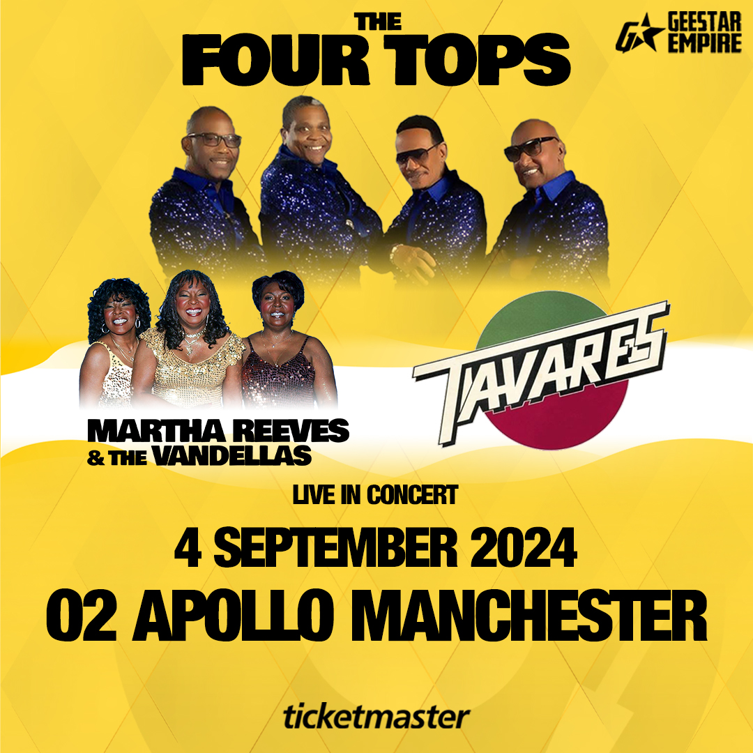 Motown legends Four Top, Martha Reeves & the Vandellas, together with Tavares, come together to perform in Manchester with full bands, here on Wednesday 04 September. Get 48-hour early access Priority Tickets from 10am Wed 08 May #O2Priority ln-venues.com/STlF50Rx9jO