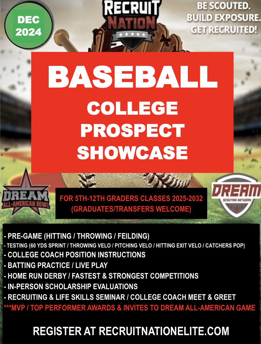 Upcoming ⚾️College Prospect Showcases Dec 12/1 SE (Babson Park FL at Webber) 12/8 South (Edna TX) 12/15 MW (Chicago IL) 12/22 SW (Los Angeles CA) 🔥For More Details or To Register Now recruitnationelite.com/exposure-series