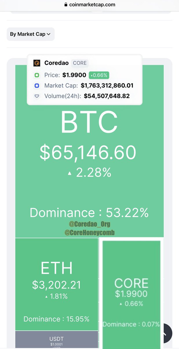 #BTC Dominance : 53.22% $65,146.60
#ETH Dominance : 15.95 $3,202.21
#CORE Dominance : 0.07% $1.9900
#Coinmarketcap 
We have the power and community to go up to high prices. Buy more and hold 🔶 #CORE #CoreDAO 🔶🧡🟧 #Bitcoin #BTCfi #Roadto100 #SatoshiPlusConsensus #EVM #CoreChain…