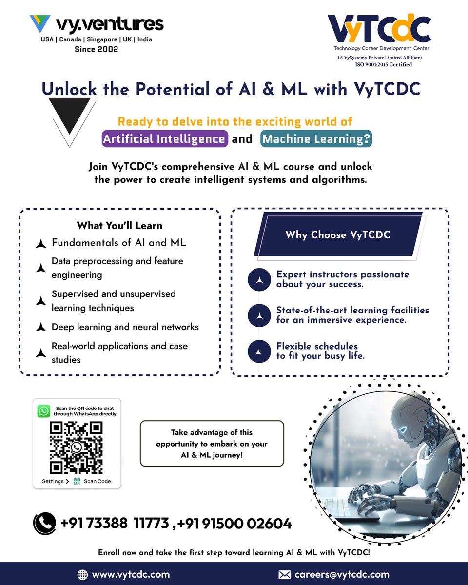 Unlock the potential of AI & ML with VyTCDC! 

Join our comprehensive course to learn fundamentals, deep learning, real-world applications, and more. Flexible schedules. Expert instructors. 

Enroll now! 

#vytcdc #AI  #ML  #educationdepartment