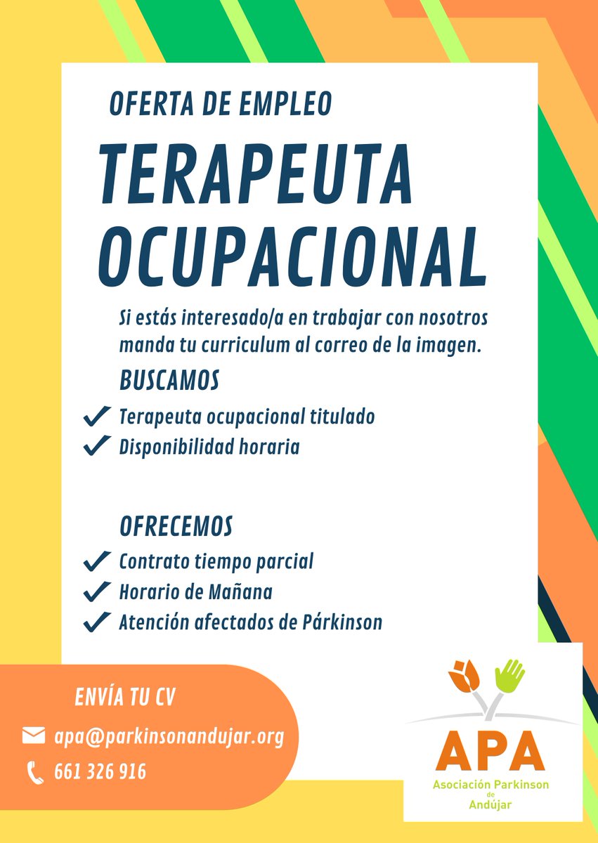 OFERTA DE EMPLEO
TERAPEUTA OCUPACIONAL
Con el objetivo de la mejora en la asistencia a nuestras personas usuarias ampliamos nuestra oferta con la incorporación de un/a TERAPEUTA OCUPACIONAL TITULADO.
Si estás interesado en trabajar con nosotros manda tu currículum vitae: