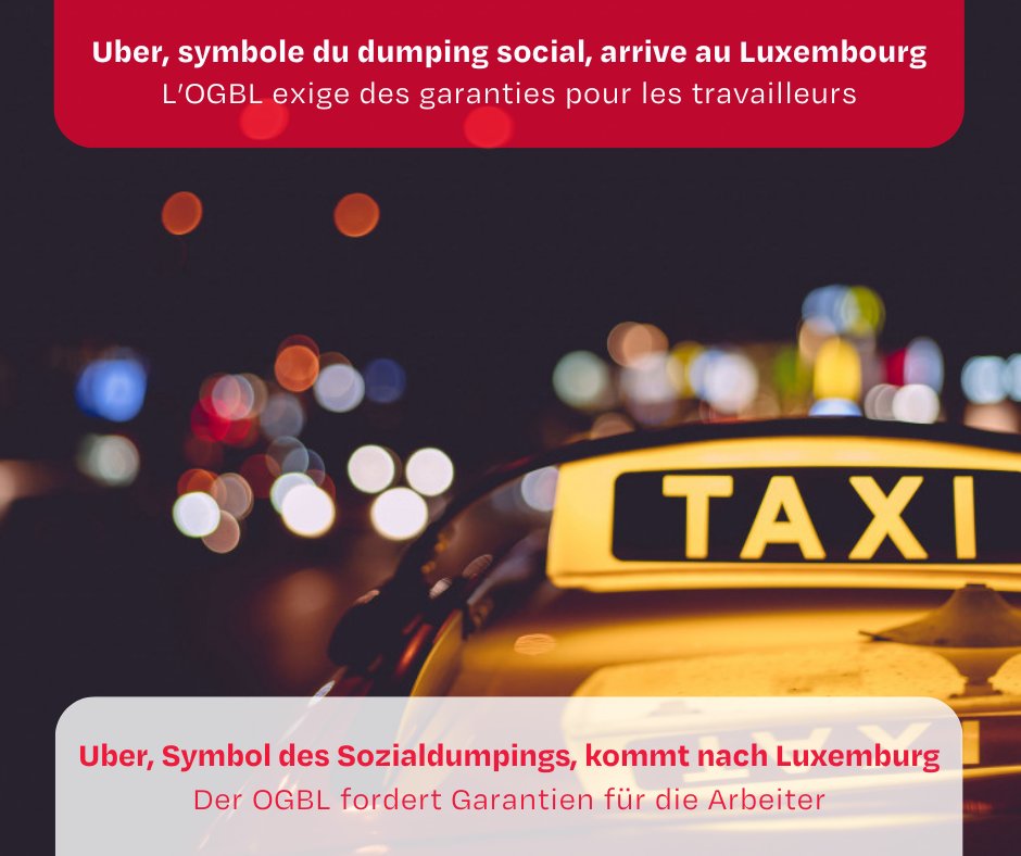 Suite à l’annonce de l’installation d’Uber au Luxembourg, l’OGBL demande des mesures de lutte contre le #dumpingsocial dans le secteur des #taxis, ainsi qu’une proposition de loi pour protéger les travailleurs des plateformes numériques.

▶️ Plus d’infos: tinyurl.com/3cccftjd