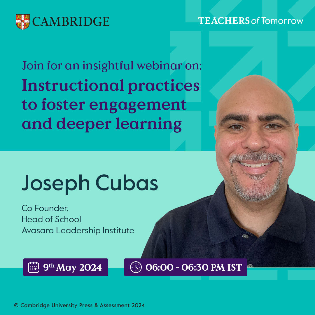 Delve into effective instructional strategies that promote engagement and deeper learning in our upcoming   webinar, 'Instructional   Practices   for   Engaged   Classrooms.'   

Sign up now :  bit.ly/4drBKAG

#Cambridge #WeAreCambridge #TeachersOfTomorrow #CambridgeTOT